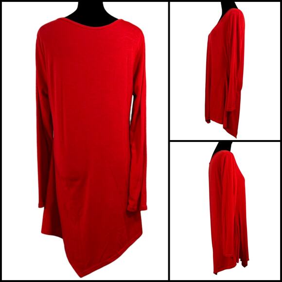 Long Sleeve Tunic Top Scoop Neck Asymmetrical Hem Red Measurements Included - Picture 5 of 12